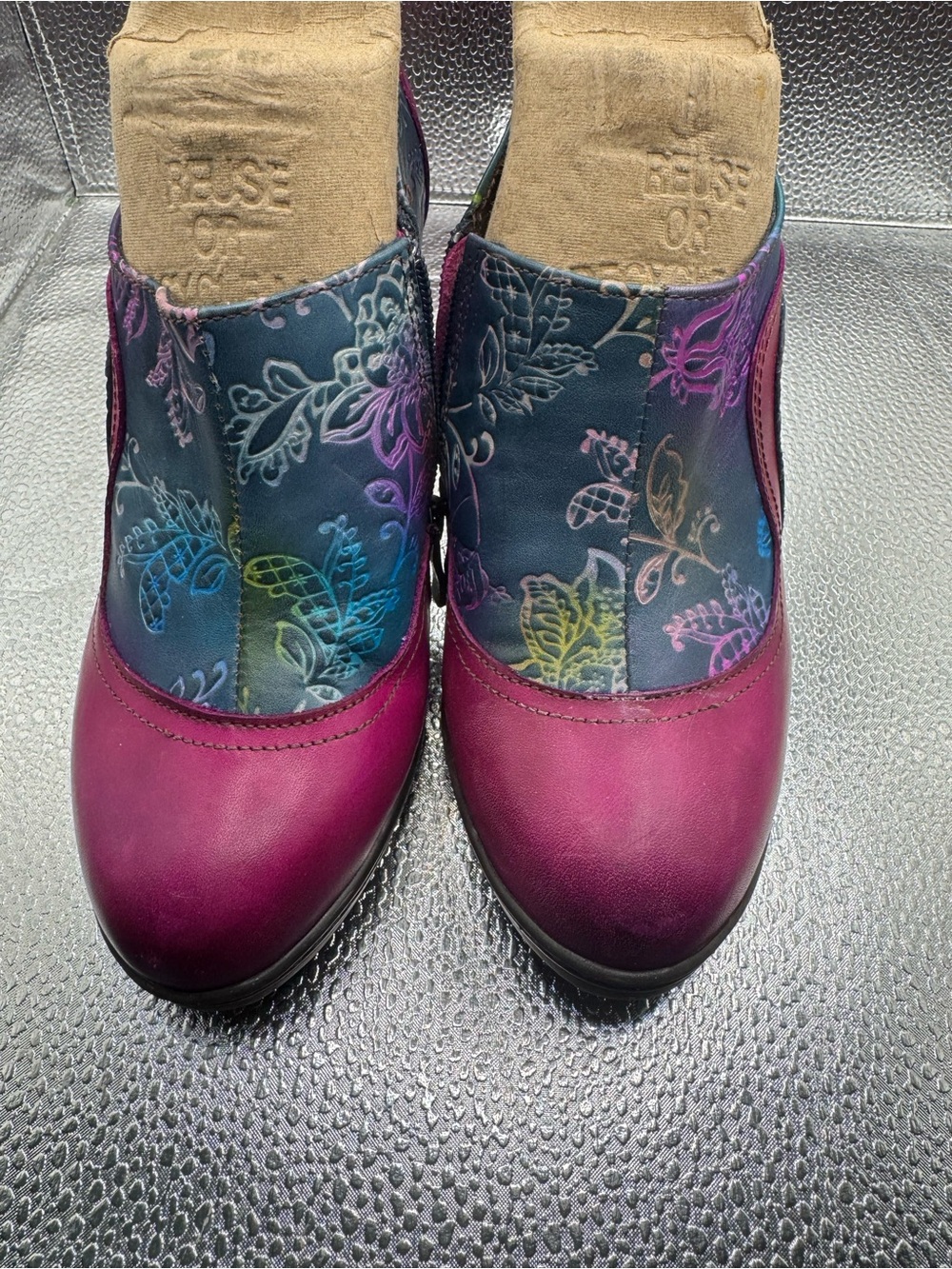 Magenta Leather Floral-Print Slip-On Clogs
